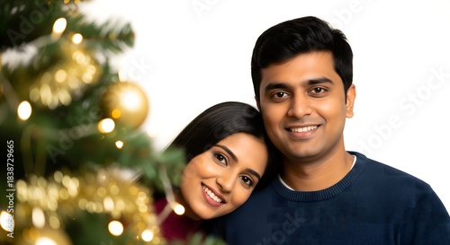 Cozy Christmas Couple Portrait by Festive Tree