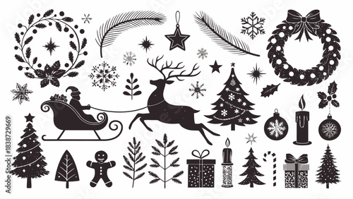 A dense Christmas-themed black silhouette set displayed on a white background, showcasing multiple reindeer poses, Santa riding a sleigh with flying reindeer, intricate snowflake shapes, candy canes, 