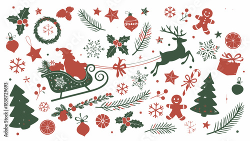 A large holiday silhouette bundle featuring bold black vector illustrations on a clean white backdrop, including Santa’s sleigh with reindeer, angel silhouettes, assorted ornaments with stars and snow