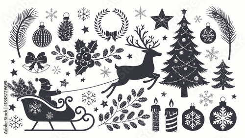 A dense Christmas-themed black silhouette set displayed on a white background, showcasing multiple reindeer poses, Santa riding a sleigh with flying reindeer, intricate snowflake shapes, candy canes, 
