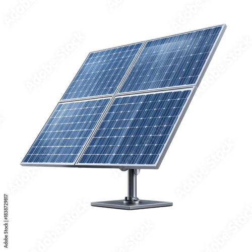 Four blue solar panels mounted on a dark grey stand against black energy power, Png, Isolated on Transparent Background, Cut Out
