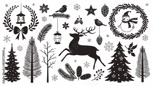 A large black silhouette vector set covering an entire white background with Christmas designs such as reindeer in a running sequence, sled silhouettes, snowman outlines, stylized evergreen trees, int