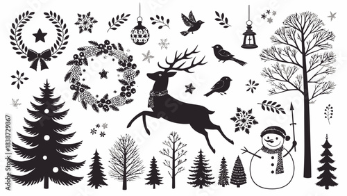 A large black silhouette vector set covering an entire white background with Christmas designs such as reindeer in a running sequence, sled silhouettes, snowman outlines, stylized evergreen trees, int