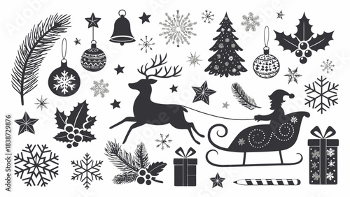 A large holiday silhouette bundle featuring bold black vector illustrations on a clean white backdrop, including Santa’s sleigh with reindeer, angel silhouettes, assorted ornaments with stars and snow