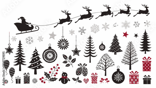 A large holiday silhouette bundle featuring bold black vector illustrations on a clean white backdrop, including Santa’s sleigh with reindeer, angel silhouettes, assorted ornaments with stars and snow