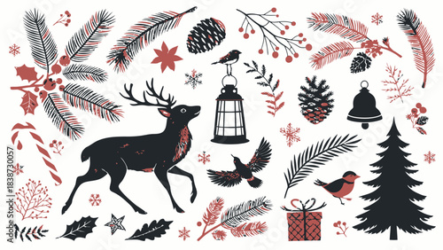 A festive holiday silhouette pattern showcasing black vector icons on a bright white background, including dancing reindeer, Santa’s sleigh, ornament balls with etched silhouettes, Christmas tree silh