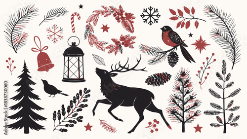A festive holiday silhouette pattern showcasing black vector icons on a bright white background, including dancing reindeer, Santa’s sleigh, ornament balls with etched silhouettes, Christmas tree silh