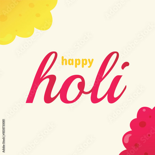 Happy Holi lettering with colorful powder clouds, minimal festive Indian design