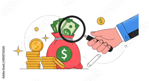 A hand uses a magnifying glass to inspect a bag of money next to stacks of gold coins for financial auditing.