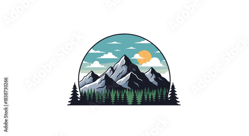 A scenic mountain range is framed by a forest of pine trees under a partly cloudy sky with a bright shining sun.