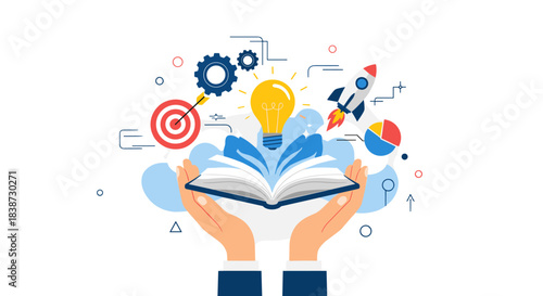 Hands hold an open book from which a light bulb a rocket and other business goal icons emerge representing knowledge.