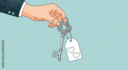 A vintage style illustration of a hand in a suit holding an ornate key with a tag showing two hearts symbolizing commitment.