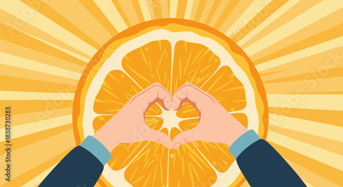 Hands forming a heart shape over a large sliced orange against a sunburst background representing a love for healthy eating.