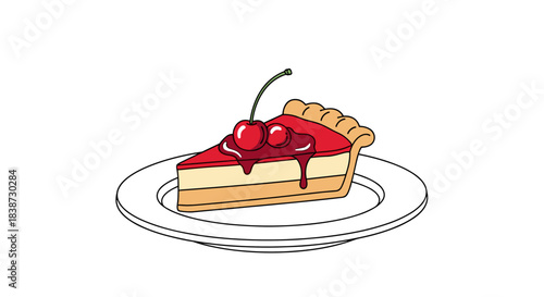 A colorful cartoon illustration of a delicious slice of cherry pie with a flaky crust is served on a white plate.