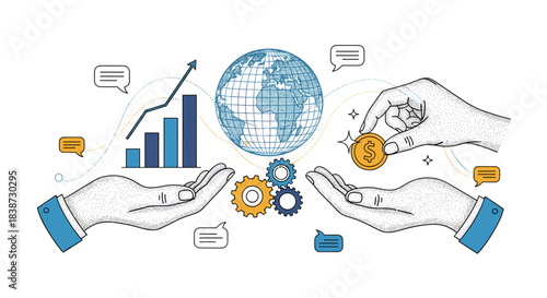 A stipple illustration of hands exchanging a dollar coin symbolizing global business investment partnership and collaboration.