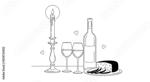 A romantic still life line drawing shows a bottle of wine two glasses cheese and a lit candle in a candlestick.