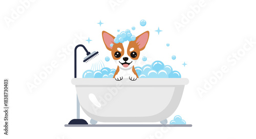 A cute and happy chihuahua dog is taking a bubble bath with a shower head in a classic white clawfoot tub.