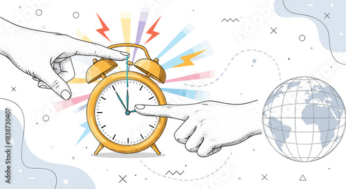 Hands interact with a ringing alarm clock and a globe symbolizing global time management and international business deadlines.
