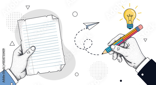 A hand holding a blank paper and a hand writing with a pencil represent the process of turning an idea into a plan.