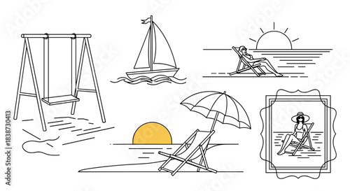 A collection of summer vacation line art icons including a beach chair a sailboat a swing and a relaxing woman.