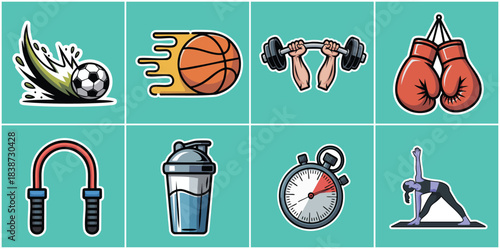 Dynamic Sports and Fitness Training Icon Set with Soccer Ball, Basketball, Dumbbell, Boxing Glove and Timer for Gym Workout, Athletic Competition and Healthy Lifestyle Branding