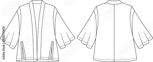 cad drawing flat vector illustration, kimono jacket sketch, front back view, fashion template, apparel design, garment construction outline