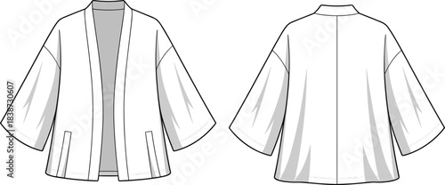 cad drawing flat vector illustration, kimono jacket sketch, front back view, fashion template, apparel design, technical garment construction outline