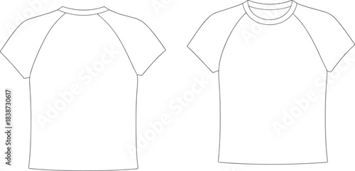 cad drawing flat vector illustration, raglan sleeve t-shirt sketch, front back view, fashion template, apparel design, technical garment outline