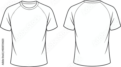 cad drawing flat vector illustration, raglan sleeve t-shirt template, front back view, fashion sketch, apparel design, technical garment outline