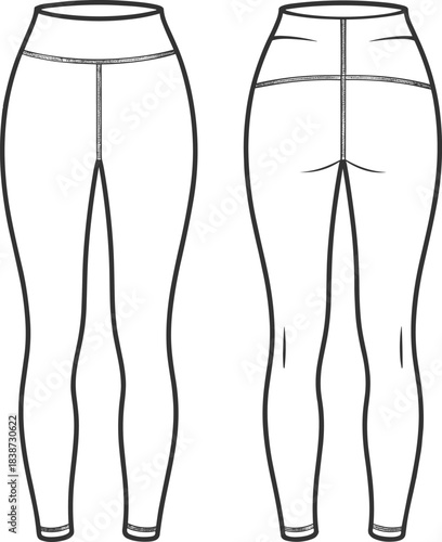 cad drawing flat vector illustration, leggings technical sketch, front back view, fashion template, apparel design, garment construction outline