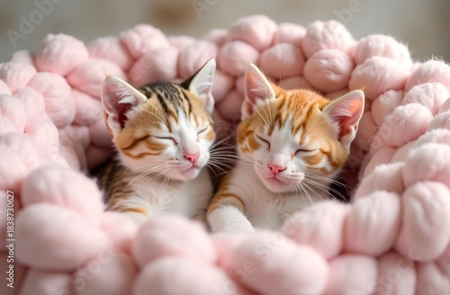 Two cute kittens with closed eyes are sleeping, cuddled together, in a soft round basket made of thick pink knitting.Cats day.