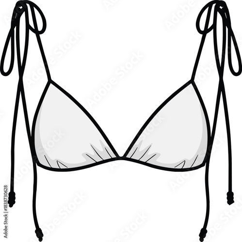 Women's bikini top technical fashion sketch, front view, triangle cups, string tie straps, swimwear design, cad drawing flat vector illustration