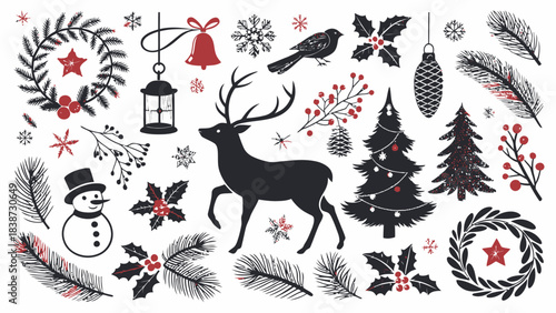 A clean white background filled with a large assortment of high-contrast black silhouette Christmas-themed icons including stylized reindeer, running deer, sleigh silhouettes, gift packages with ribbo