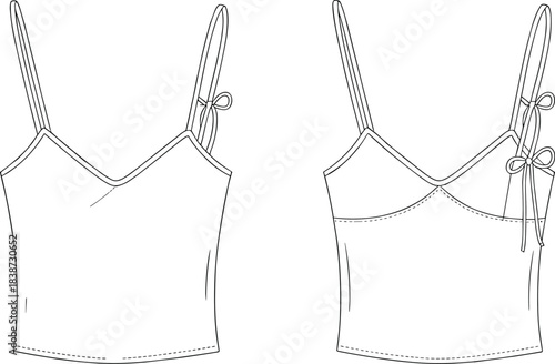 Women's camisole top technical fashion sketch, front and back view, V neckline, bow detail, fitted bodice, cad drawing flat vector illustration