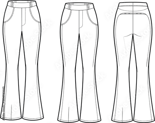 Women's flared pants technical fashion sketch, front side back view, belt loops, pockets, yoke seam, cad drawing flat vector illustration