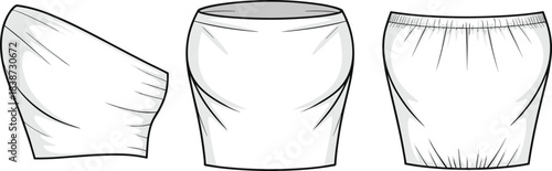 Women's skirt styles technical fashion sketch, asymmetrical draped, fitted ruched, elastic gathered, front view, cad drawing flat vector illustration