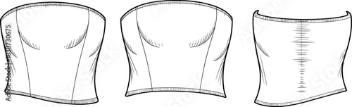 Women's strapless corset technical fashion sketch, front and back view, contour seams, bust shaping, lacing detail, cad drawing flat vector illustration