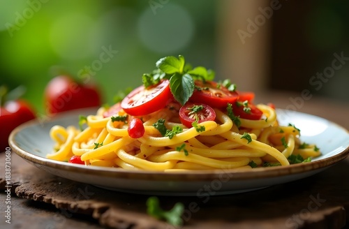 A plate of fresh pasta with cherry tomatoes and herbs sits on a wooden surface, garnished with tomato slices and basil leaves against a soft green blurred background.