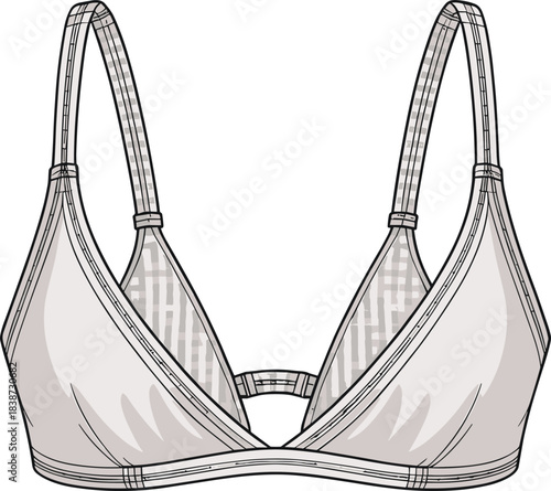 Women's triangle bra technical fashion sketch, front view, adjustable straps, patterned detail, light support, cad drawing flat vector illustration