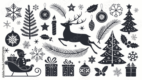 A clean white background filled with a large assortment of high-contrast black silhouette Christmas-themed icons including stylized reindeer, running deer, sleigh silhouettes, gift packages with ribbo