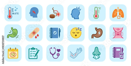 Extensive collection of sixteen colorful flat vector icons illustrating illness symptoms, medical conditions, diagnosis, and health monitoring