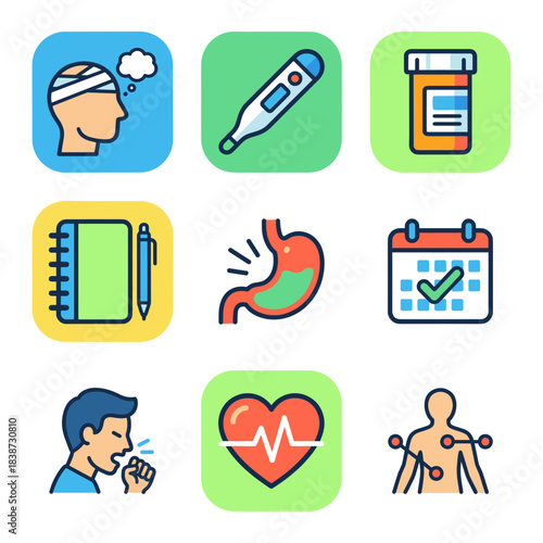 Nine colorful line-style vector icons for illness, sickness, symptoms, diagnosis, and health monitoring, featuring fever and injuries
