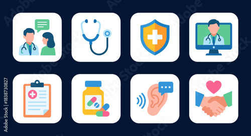 Eight flat vector icons representing healthcare and medical services including telehealth, consultation, insurance, and patient care on a dark background