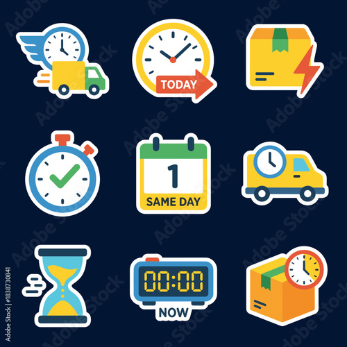 Nine colorful sticker-style vector icons for fast delivery, time management, shipping, and logistics concepts like same day and express service