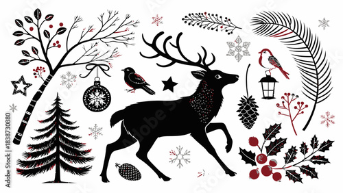 Black silhouette vector collection showing joyful Christmas items — decorated fir trees, Santa hats, gift boxes, sleigh, bells, candles, and stars, minimalist style on white backdrop.