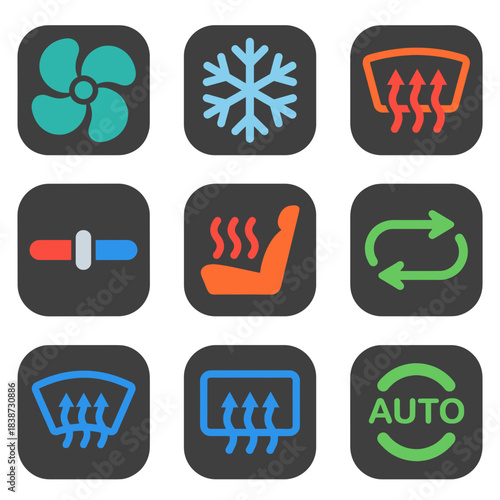 HVAC and climate control icons for car dashboard interface including fan, AC, defroster, seat heater, and auto mode