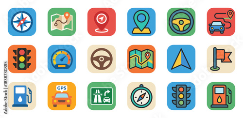 Large set of navigation and traffic icons for automotive interface including map, compass, GPS, steering wheel, and gas station
