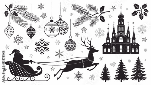 A dense Christmas-themed black silhouette set displayed on a white background, showcasing multiple reindeer poses, Santa riding a sleigh with flying reindeer, intricate snowflake shapes, candy canes, 