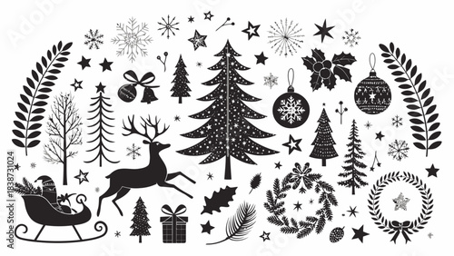 A dense Christmas-themed black silhouette set displayed on a white background, showcasing multiple reindeer poses, Santa riding a sleigh with flying reindeer, intricate snowflake shapes, candy canes, 