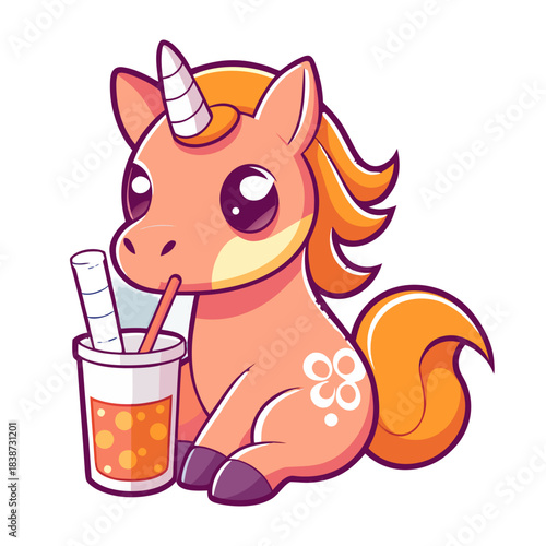 Cute cartoon unicorn drinking bubble tea, boba tea, white